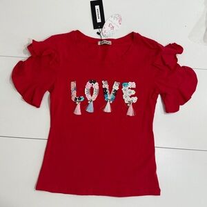 LOVE Red Ruffle Sleeve Tee